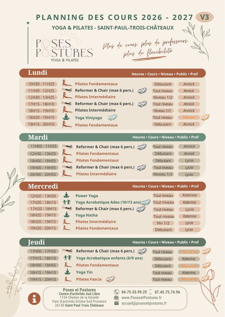 planning Yoga et Pilates 2026-2027